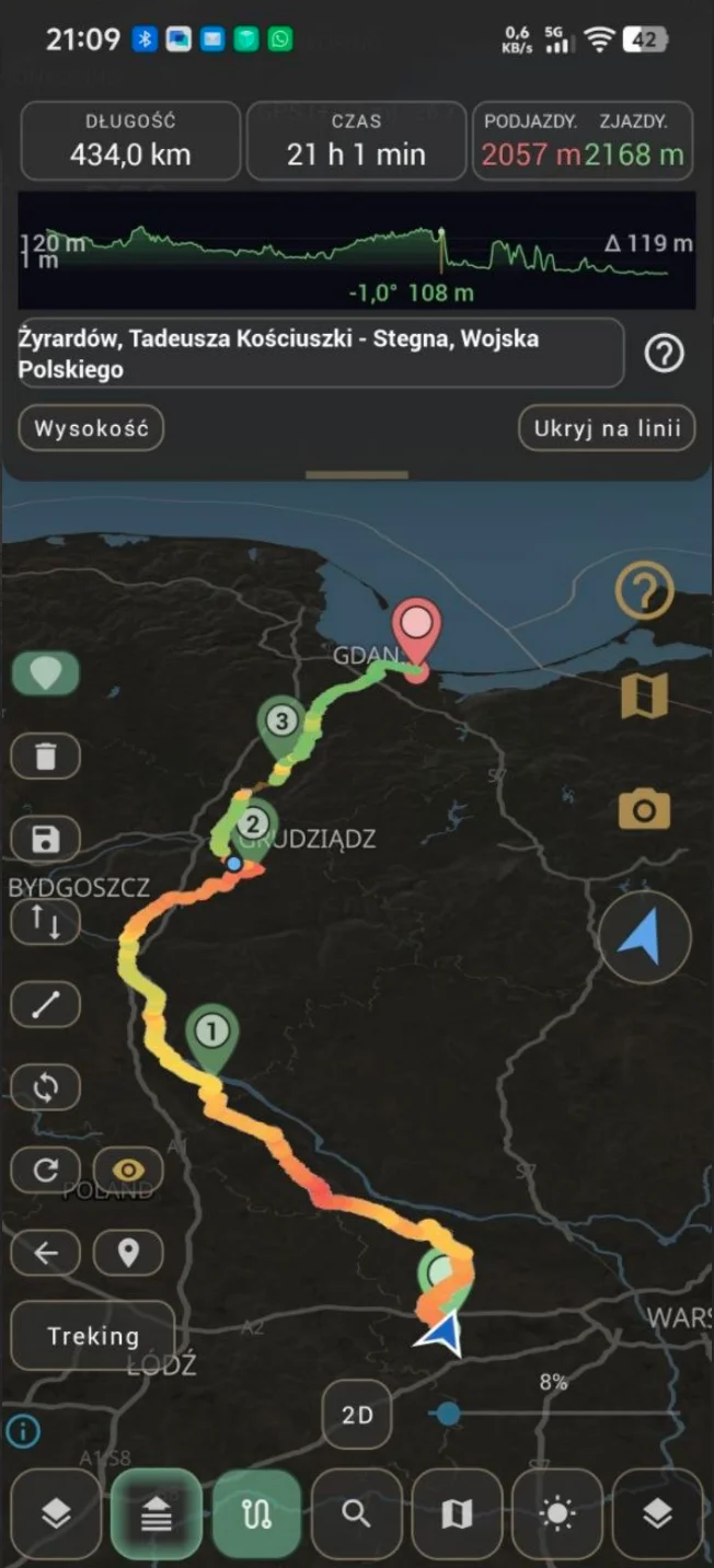 Mapa kolorowej trasy z Żyrardowa do Stegny z profilem wysokości w Naturide