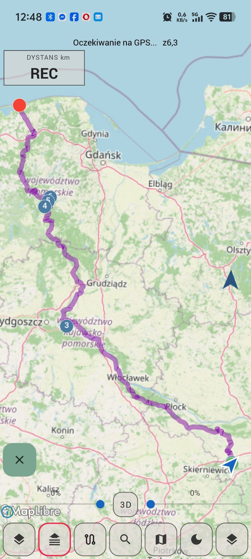 Map view with a recorded bike route across northern Poland - day mode