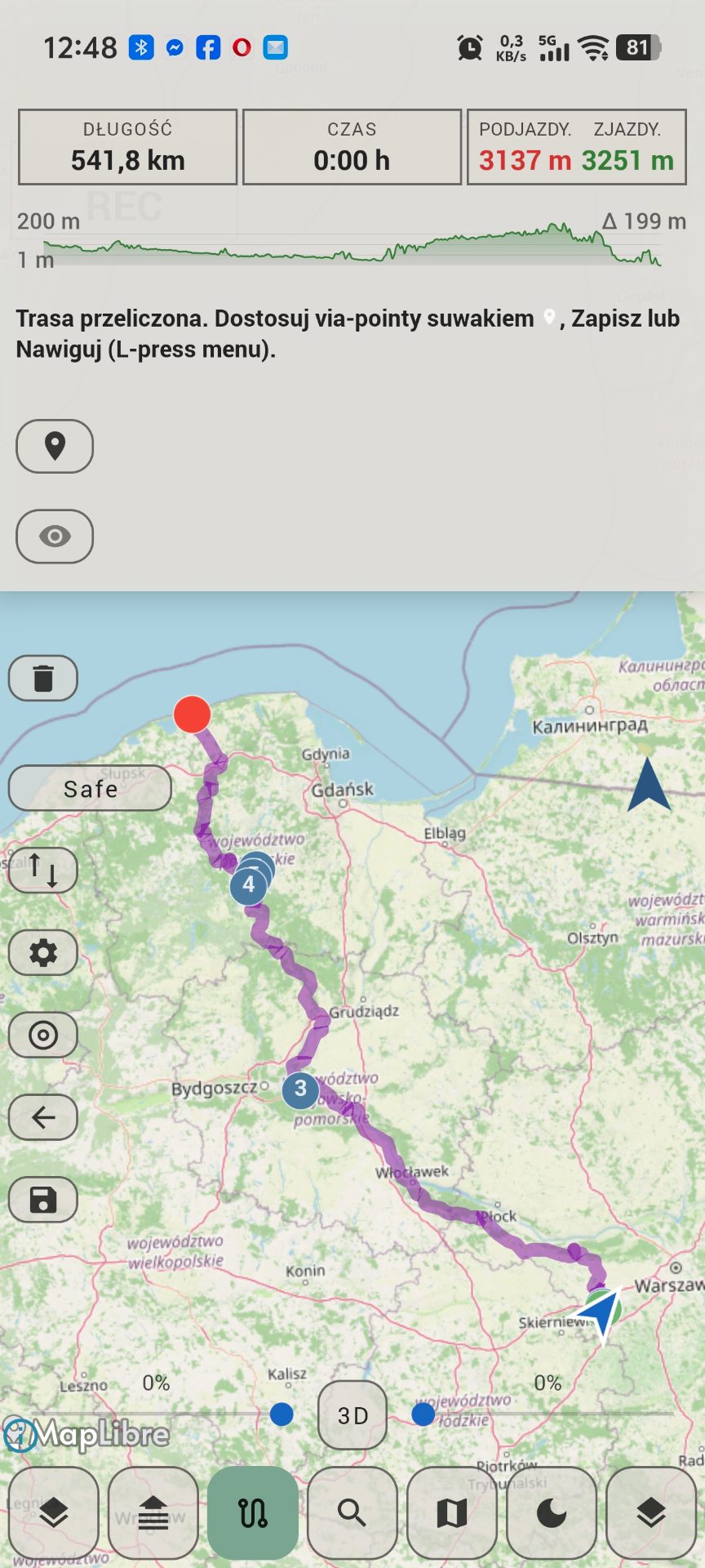 Route planner showing distance, time and elevation